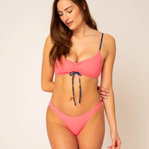 Drawstring Bikini Top - reversible flower / pink
